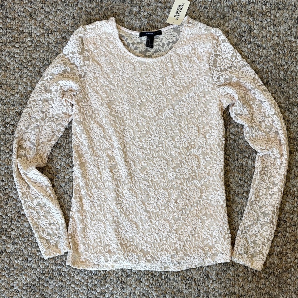 Forever 21 Cream Lace Long Sleeve Top